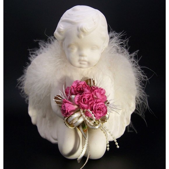 Angel Statue Small Pink Roses Ribbons Cherub Room Decor Memorial 6" - Picture 1 of 8